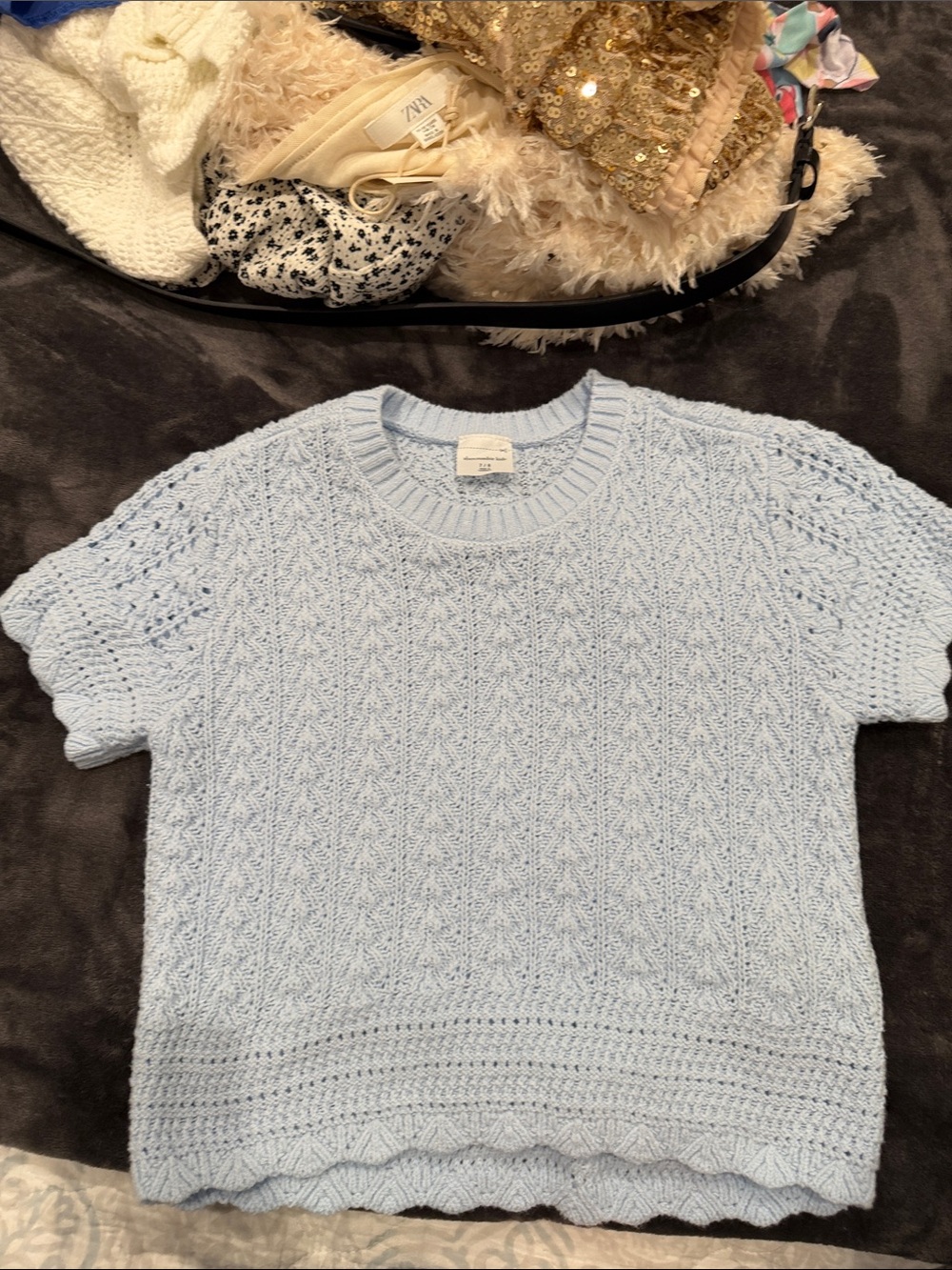 Abercrombie & Fitch Light Blue Short-Sleeve Cable Knit Sweater